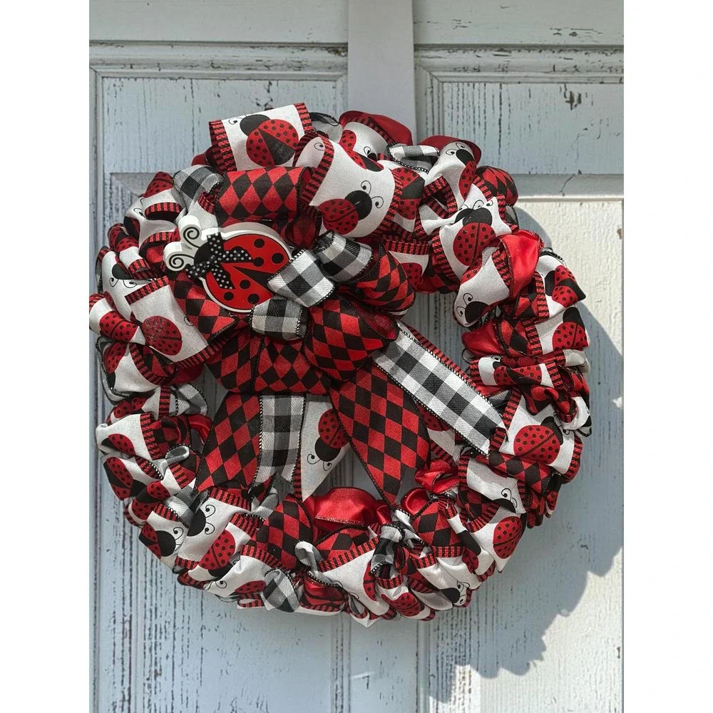 Handmade Ribbon Ladybug Wreath: Vibrant Red Black Decor